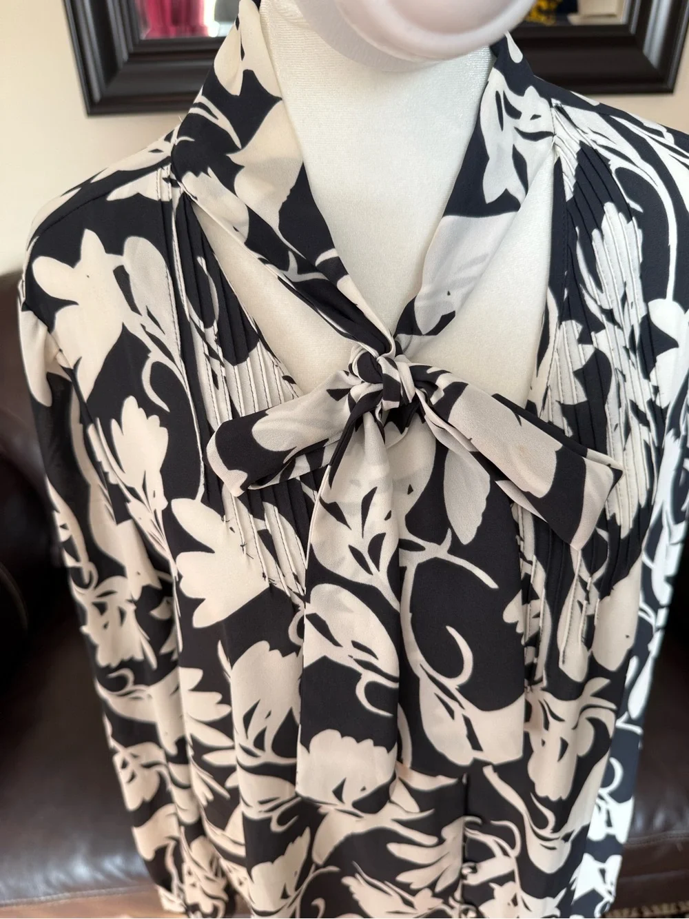 J. Crew Navy and White Floral Tie-Neck Blouse